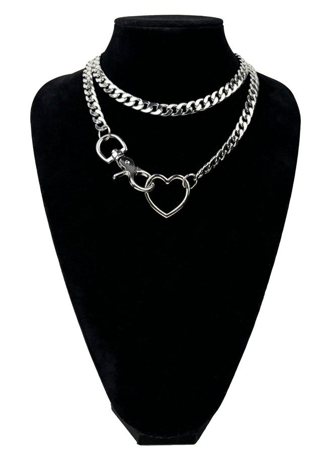 paloli Women's Slip Chain Silver Heart O-Ring Chunky Chain Necklace, Cuban Long Layered Jewelry, Adjustable Lariat Y-Necklace Heart Loop Choker - Image 2