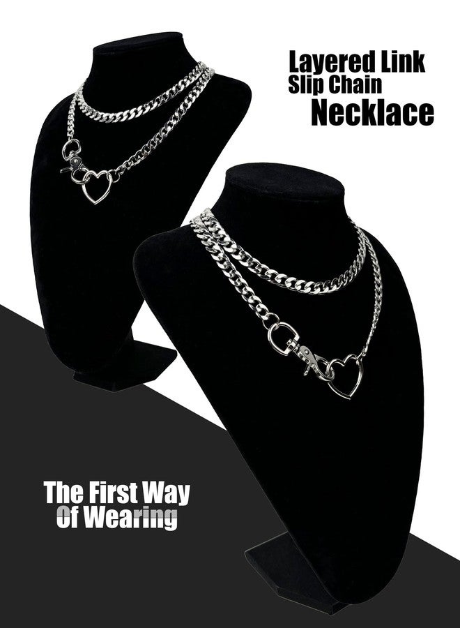 paloli Women's Slip Chain Silver Heart O-Ring Chunky Chain Necklace, Cuban Long Layered Jewelry, Adjustable Lariat Y-Necklace Heart Loop Choker - Image 5