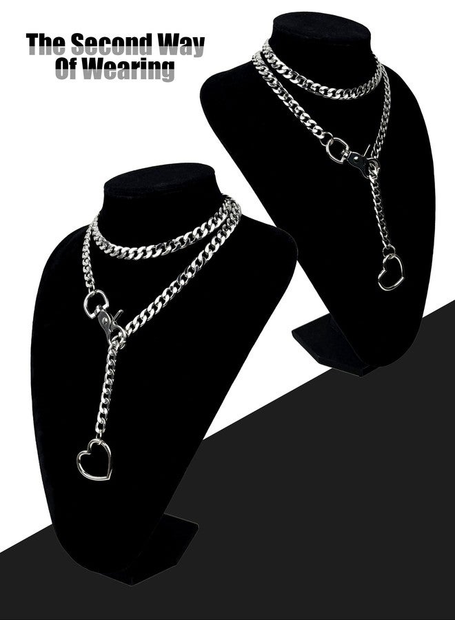 paloli Women's Slip Chain Silver Heart O-Ring Chunky Chain Necklace, Cuban Long Layered Jewelry, Adjustable Lariat Y-Necklace Heart Loop Choker - Image 4