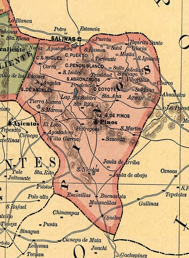 خرائط Antiguos Estado Libre y Soberano de Zacatecas من Atlas Mexicano حوالي عام 1884 | ملصق مطبوع فني لتزيين الحائط العتيق | 24 × 24 بوصة (610 مم × 610 مم) - Image 3