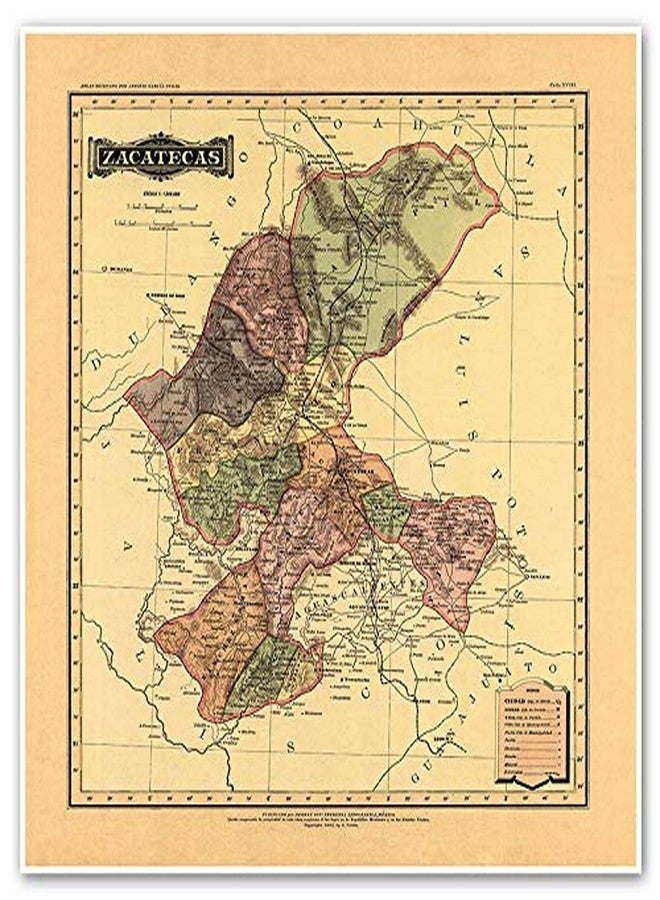 خرائط Antiguos Estado Libre y Soberano de Zacatecas من Atlas Mexicano حوالي عام 1884 | ملصق مطبوع فني لتزيين الحائط العتيق | 24 × 24 بوصة (610 مم × 610 مم) - Image 1