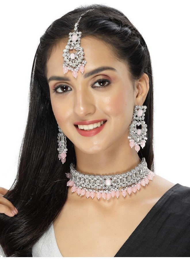 سوكهي طقم قلادة سوخي المذهل المطلي بالذهب الوردي من أحجار AD والخرز مع قرط و مانج تيكا | طقم مجوهرات للنساء (NS105530) - Image 2