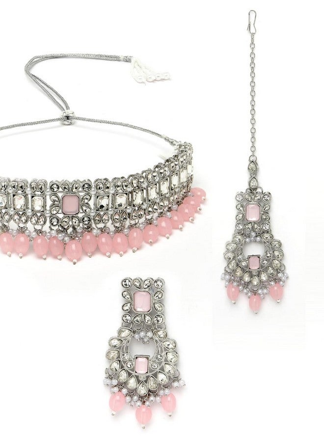 سوكهي طقم قلادة سوخي المذهل المطلي بالذهب الوردي من أحجار AD والخرز مع قرط و مانج تيكا | طقم مجوهرات للنساء (NS105530) - Image 5