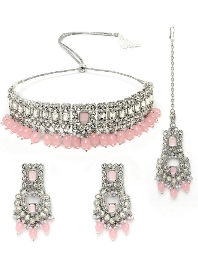 سوكهي طقم قلادة سوخي المذهل المطلي بالذهب الوردي من أحجار AD والخرز مع قرط و مانج تيكا | طقم مجوهرات للنساء (NS105530) - Image 1