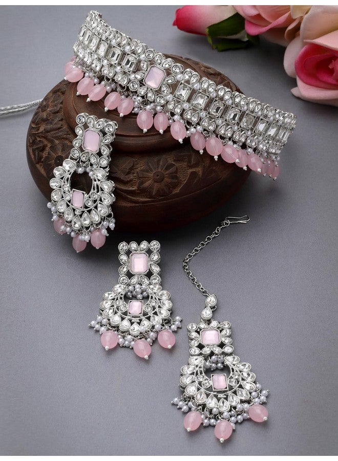 سوكهي طقم قلادة سوخي المذهل المطلي بالذهب الوردي من أحجار AD والخرز مع قرط و مانج تيكا | طقم مجوهرات للنساء (NS105530) - Image 3