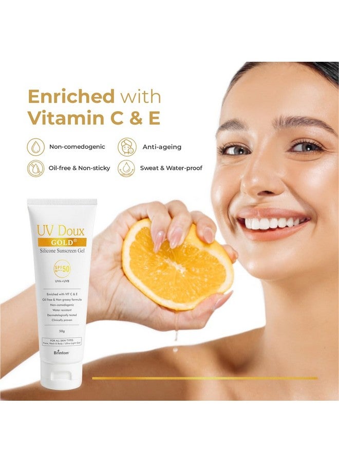 Brinton جل واقي شمس برينتون يو في دوكس جولد سيليكون SPF 50 PA+++ مع فيتامين C و E | حماية من UVA/UVB | غير دهني، مقاوم للماء | لجميع أنواع البشرة، 100 جرام (عبوة من 2)  - Image 4