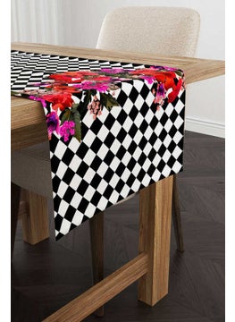 Cango Home Black and White Checkered Floral Patterned Digital Printed Runner CGH1107-RN  - Image 1