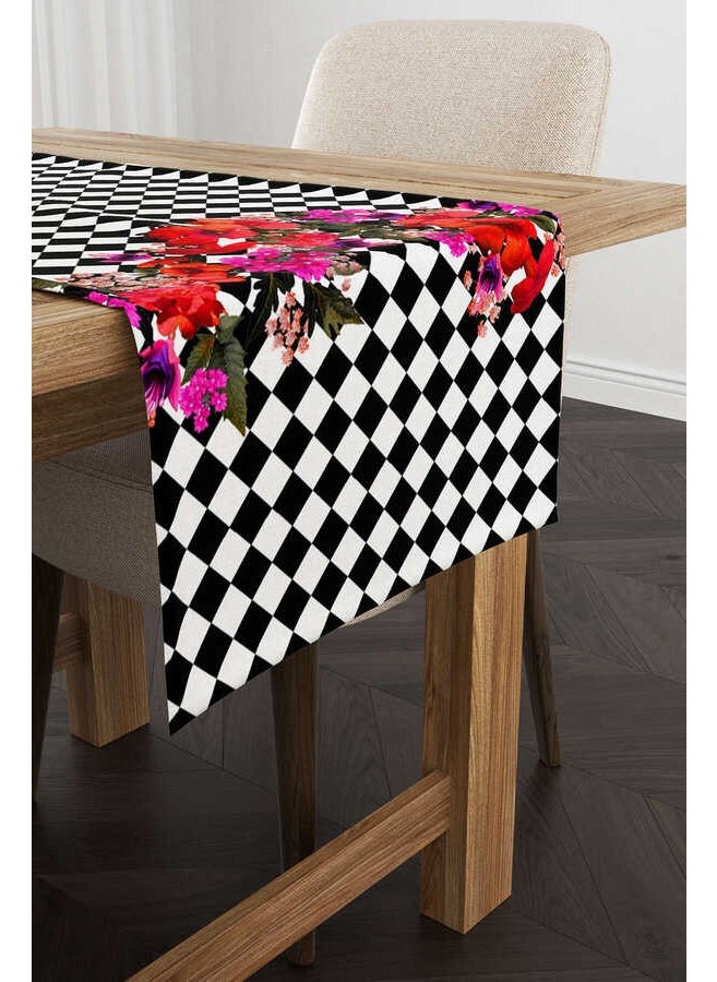 Cango Home - Black and White Checkered Floral Patterned Digital Printed Runner CGH1107-RN - Image 1