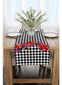 Cango Home Black and White Checkered Floral Patterned Digital Printed Runner CGH1107-RN  - Image 2
