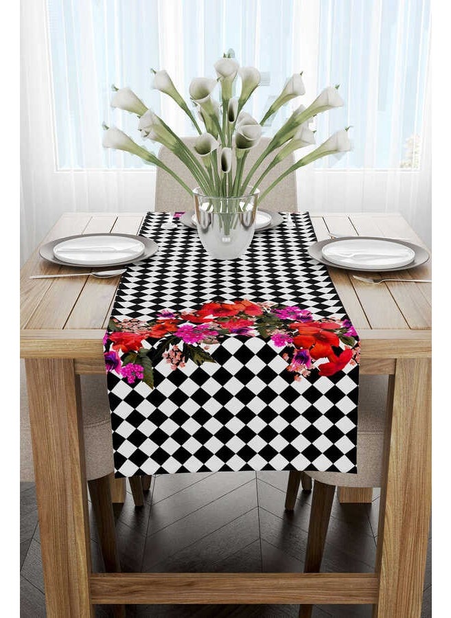 Cango Home - Black and White Checkered Floral Patterned Digital Printed Runner CGH1107-RN - Image 1