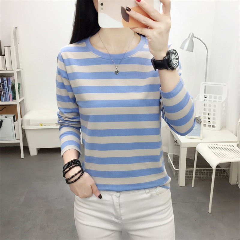 Chubby Girl Plus Size Loose Slimming Cotton Long-Sleeved T-Shirt Women'S Spring Striped 100.00Kg Base Shirt Mother Clothes - Image 1