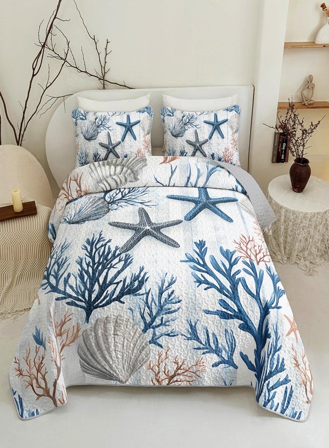 QOOMO Coastal Quilt Set Full/Queen Size,Starfish Coral Nautical Bedspread Coverlet Set,Ocean 3Pcs Bedding Set Printed Quilt with 2 Pillowcases,Soft and Lightweight,for All Seasons - Image 2