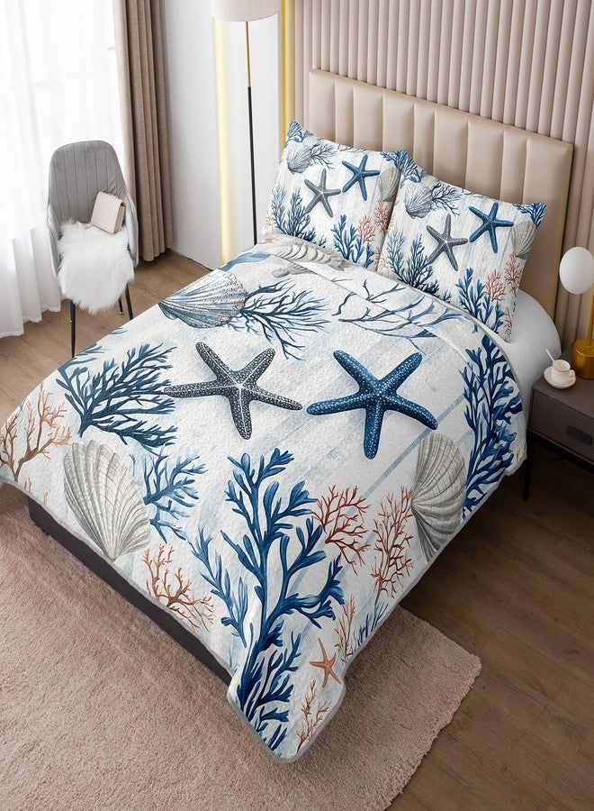 QOOMO Coastal Quilt Set Full/Queen Size,Starfish Coral Nautical Bedspread Coverlet Set,Ocean 3Pcs Bedding Set Printed Quilt with 2 Pillowcases,Soft and Lightweight,for All Seasons - Image 3