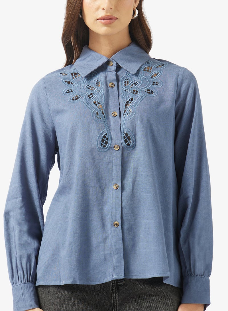 ELLA Button Down Shirt Lazer Cut Out Details - Image 1
