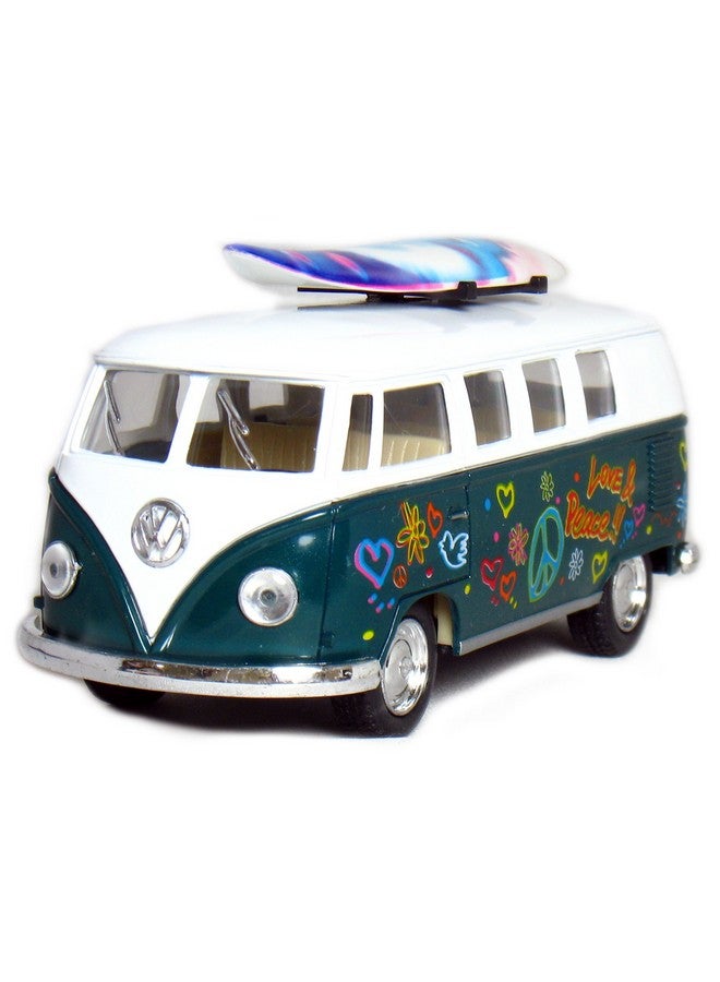 KiNSMART 1962 Volkswagen Classic Bus Set Of 4 With Surfboard and Hippy Decals Bus 1:32 Scale 5 Inch Die Cast Metal Model Toy Van, Pullback Acation - Image 2
