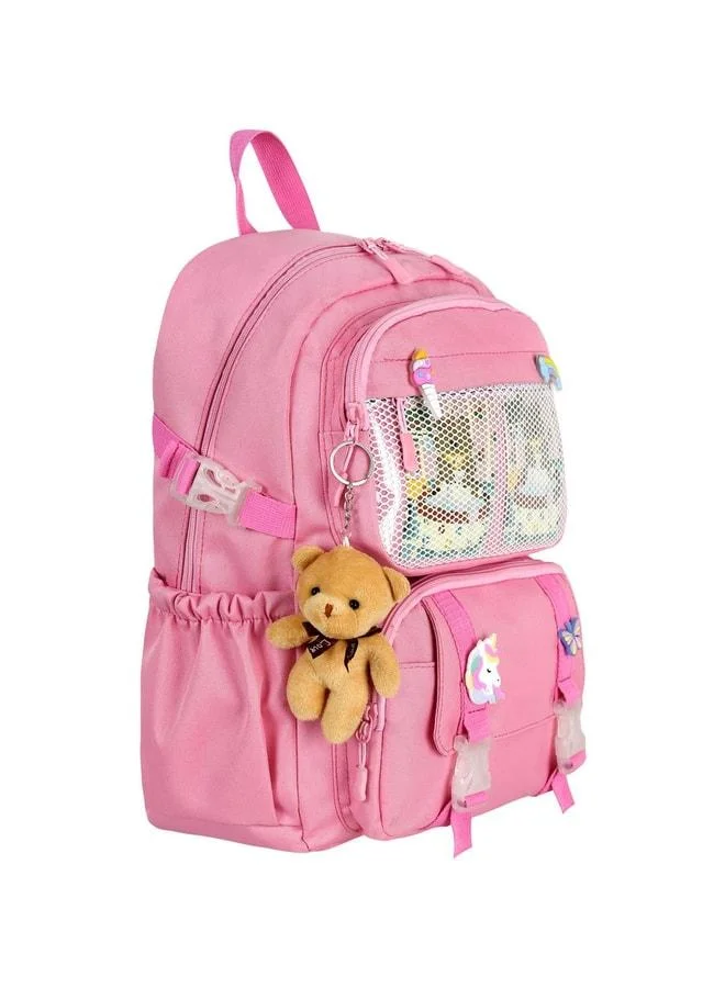Magu Girls' Pink Unicorn School Bag with Plush Keychain - Transparent Pocket