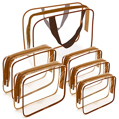 APREUTY Clear Makeup Bags, TSA Approved 6Pcs Cosmetic Makeup Bags Set Clear PVC w/Zipper Handle Portable Travel Luggage Pouch Airport Airline Bags Bathroom (Coffee) - Image 1