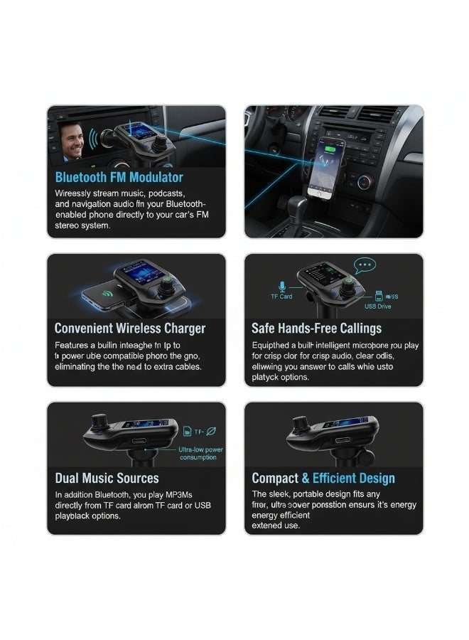 Allison Car Bluetooth FM Transmitter with Wireless Charger  Hands-Free Calling Car Kit & MP3 Player Audio Adapter  Music Receiver with USB Port & TF Card Slot - Image 3