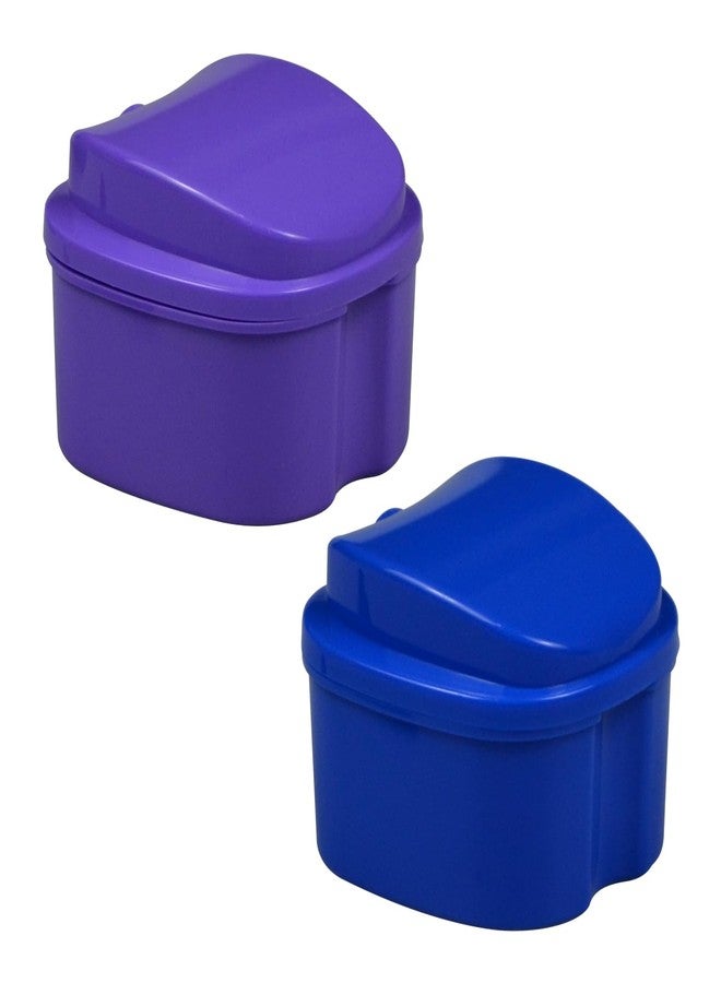 IHYjinchoo 2-Pack Denture Bath Case Cup, w/Lid and Strainer Basket – Portable False-Teeth/Retainer Cleaner Tool, Complete Clean Care for Dentures (Blue & Purple, Medium-2A) - Image 1