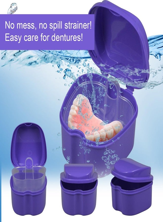 IHYjinchoo 2-Pack Denture Bath Case Cup, w/Lid and Strainer Basket – Portable False-Teeth/Retainer Cleaner Tool, Complete Clean Care for Dentures (Blue & Purple, Medium-2A) - Image 4