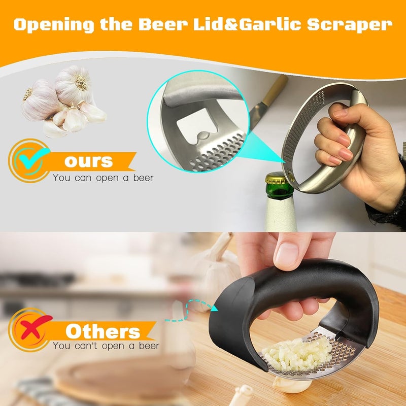 Kebley Garlic Press Rocker Heavy Duty Stainless Steel Garlic Mincer Garlic Crusher Garlic Chopper with Peeler And Scraper for Smash Garlic Built-in Bottle Opener - Image 4