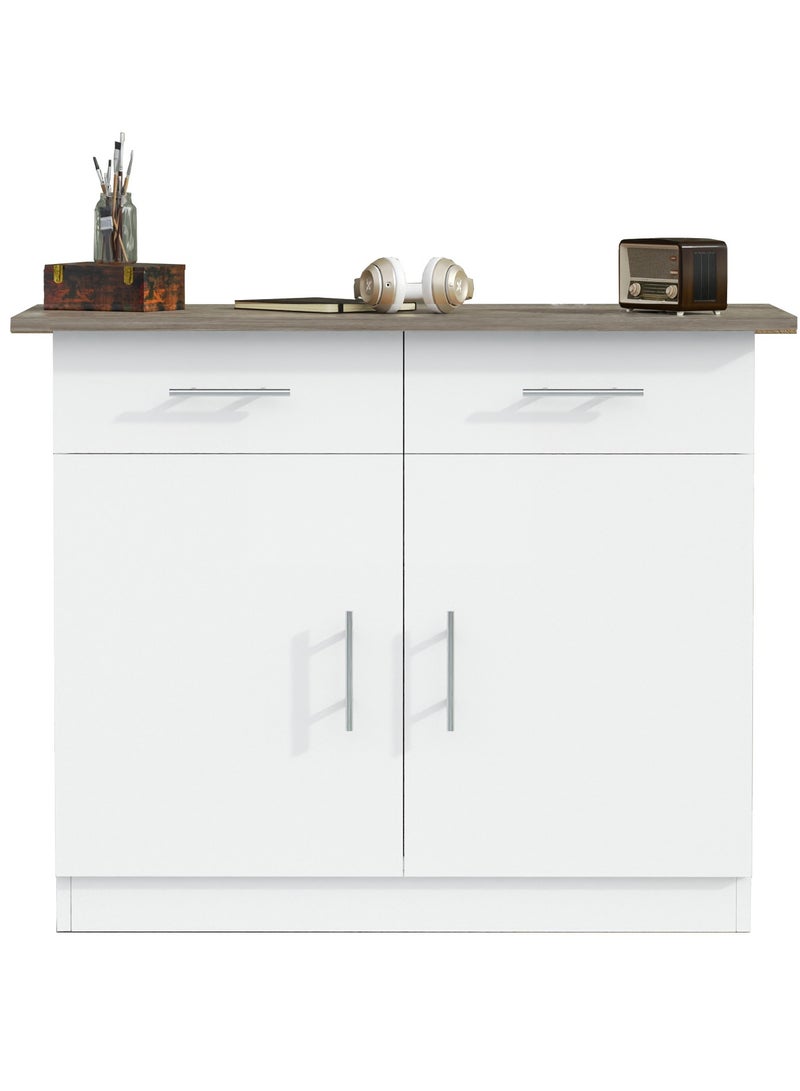 Mahmayi Mahmayi Stylish Multifunctional Medium Height Cabinet with 2 Drawer, and 2 Door Storage Ideal for Hallway, Living Room, Kitchen, Bedroom - Dark Grey Chicago Concrete and Premium White  - Image 1