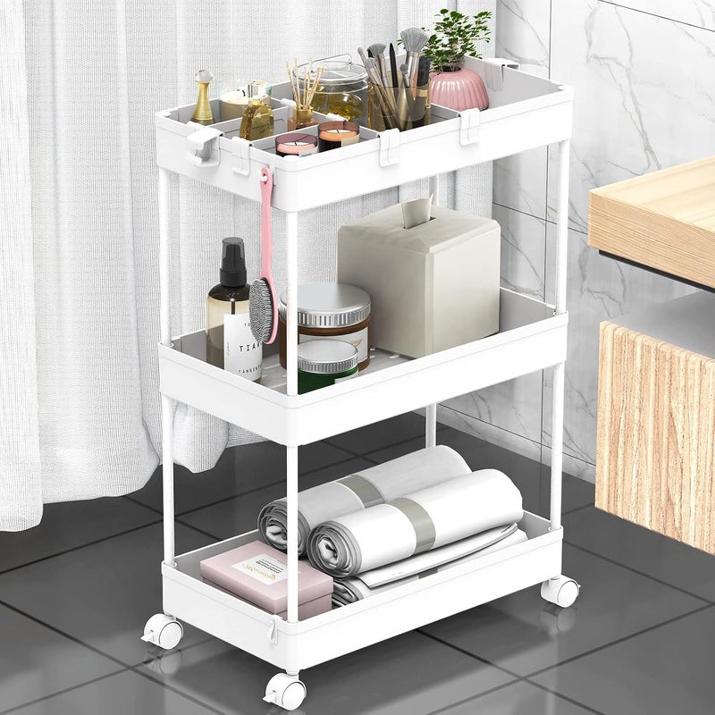SPACELEAD SAKA Slim Storage Cart,3 Tier Bathroom Rolling Utility Cart Storage Organizer Slide Out Cart, Mobile Shelving Unit Organizer Trolley for Office Bathroom Kitchen Laundry Room Narrow Places, White - Image 1