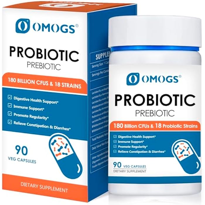 OMOGS Probiotics 180 Billion CFUs 18 Strains, 3 Prebiotics, Helps Digestive, Gut Health, Immune, Supports Occasional Constipation, Diarrhea & Gas - for Women & Men, 90 Capsules - Image 1