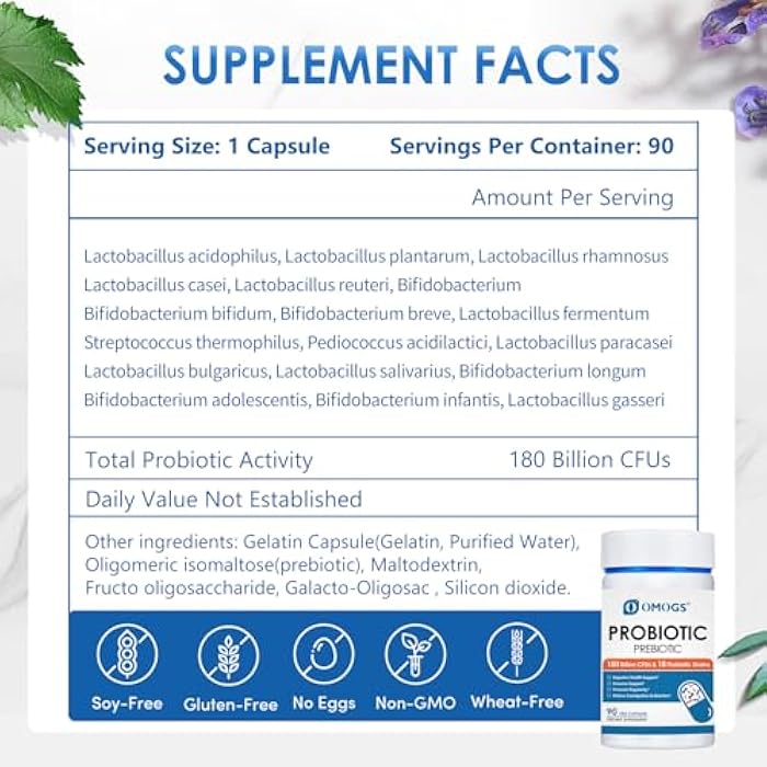 OMOGS Probiotics 180 Billion CFUs 18 Strains, 3 Prebiotics, Helps Digestive, Gut Health, Immune, Supports Occasional Constipation, Diarrhea & Gas - for Women & Men, 90 Capsules - Image 2