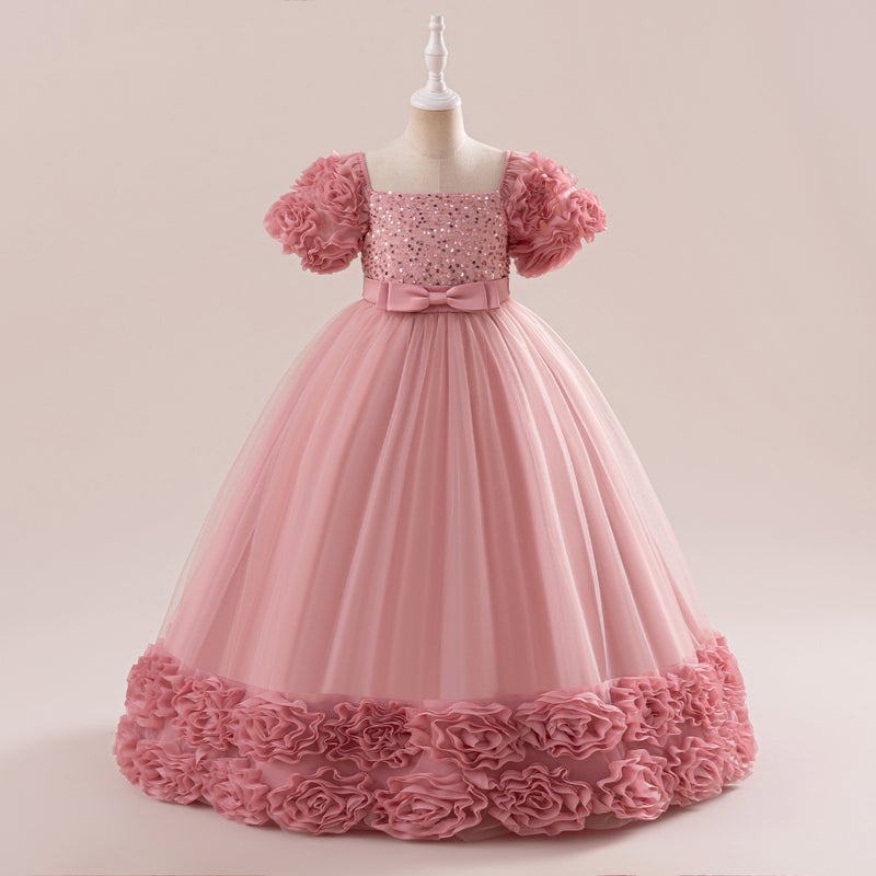 New Kids Princess Dress Sequined Puff Gown Lp-519-bean paste powder