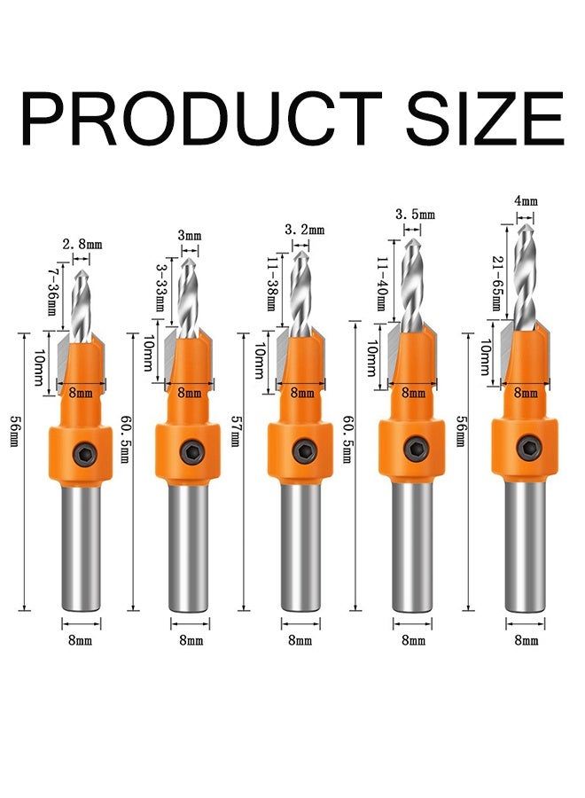 5 Pcs HSS Countersink Drill Bit Set Woodworking Chamfer Screws Hole Drills Bit for Wood Drilling Plastic Drilling Holes 2.8mm, 3mm, 3.2mm, 3.5mm, 4mm Drill Tools & Accessories - Image 2