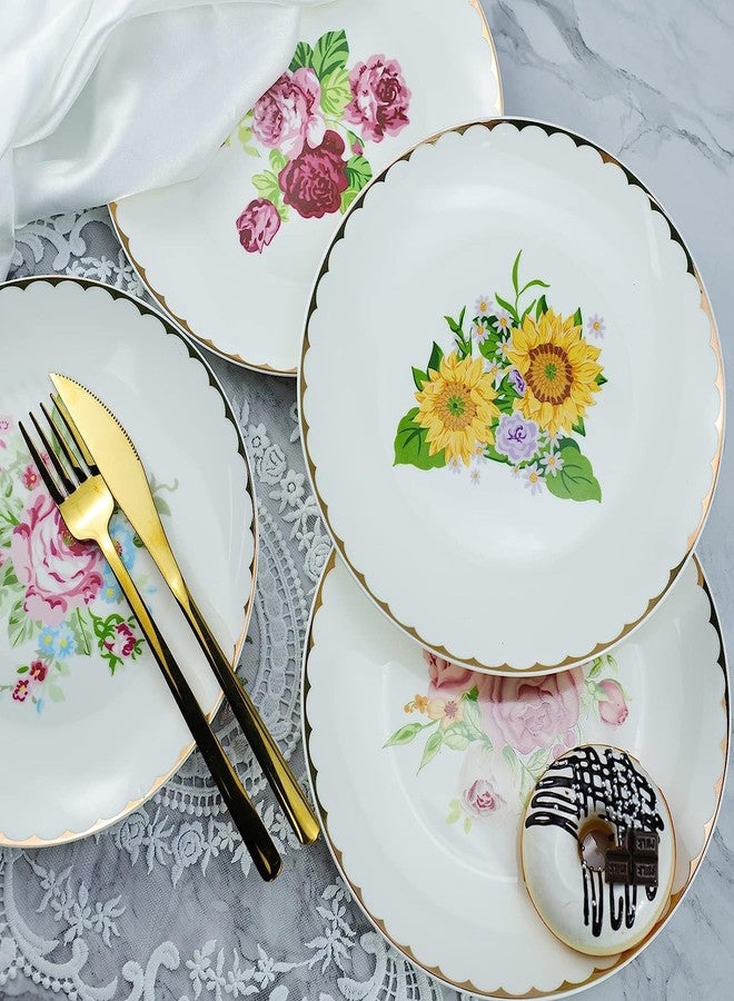 Bicuzat Vintage Floral Flowers Pattern Ceramic Salad Plates, Pasta Plates, Fruit Plates, Appetizer Plates, Dessert Dishes,Dinner Plates, Holiday Plates, Home Decoration, Set of 4-Rose - Image 3