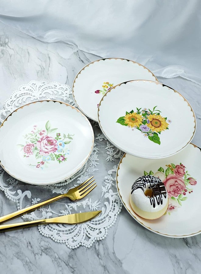 Bicuzat Vintage Floral Flowers Pattern Ceramic Salad Plates, Pasta Plates, Fruit Plates, Appetizer Plates, Dessert Dishes,Dinner Plates, Holiday Plates, Home Decoration, Set of 4-Rose - Image 2