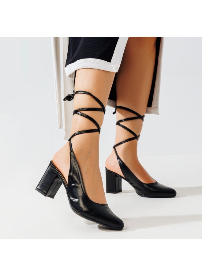 لايف ستيلاش  أحذية بكعب جلدية مزينة بفيونكه  F-2 - أسود