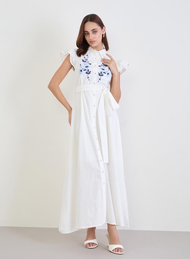 Styli White Embroidered Yoke Shirt Maxi Dress - Image 1