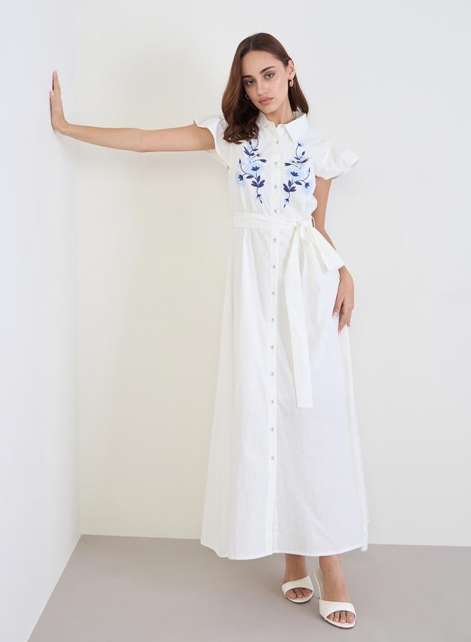 Styli White Embroidered Yoke Shirt Maxi Dress - Image 2
