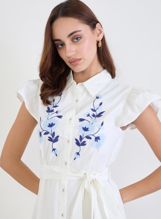 Styli White Embroidered Yoke Shirt Maxi Dress - Image 3