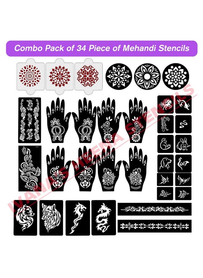 ivana's - Set Of 34 Pcs Combo Pack, Reusable Mehandi For Hands Henna, Wrist, Body, Back, Neck, Face Combo Pack For Girls And Kids Easy To Use In Just 4 Steps Indian Design Collection, A-2024 - Image 1