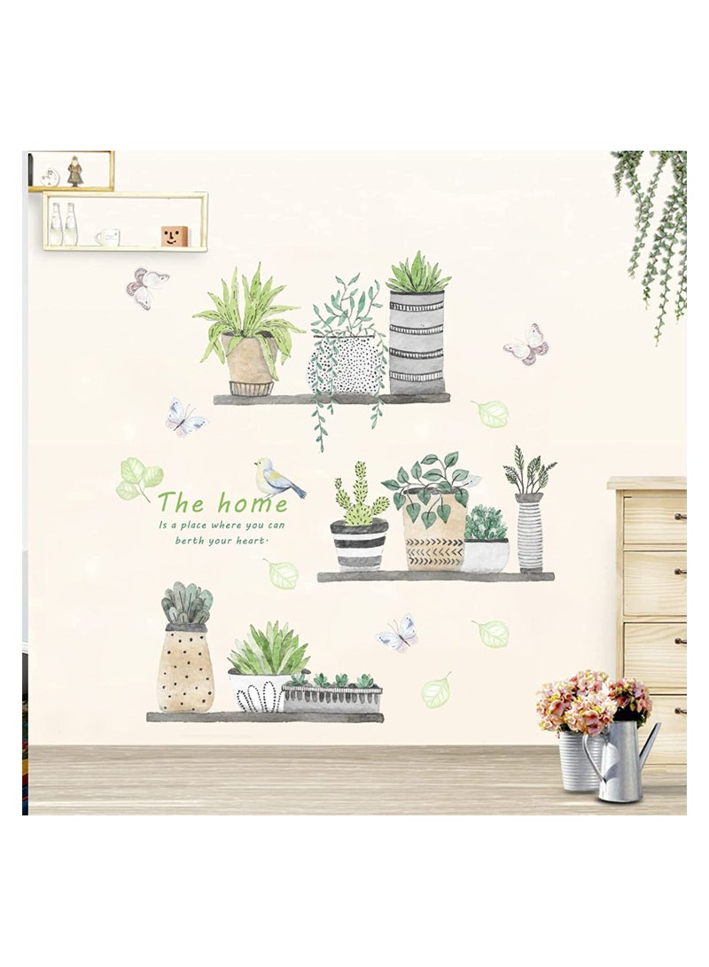 Set of 2 Plant Wall Decals for Bedroom and Living Room, Boho Style Fresh Potted Plant Stickers, Self-Adhesive Wall Art for Dormitory and Corridor Decor