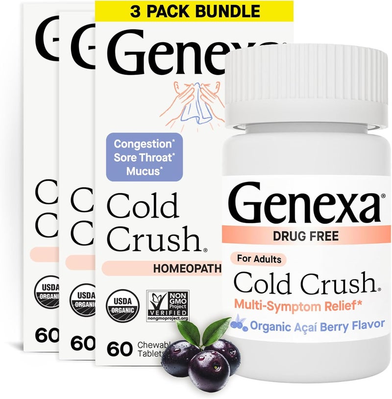 Genexa Cold Crush MultiSymptom Cough Cold Relief for Adults Delicious Organic Acai Berry Flavor Certified Organic NonGMO Homeopathic Remedy Made Clean 180 Chewable Tablets 3 Pack - Image 1