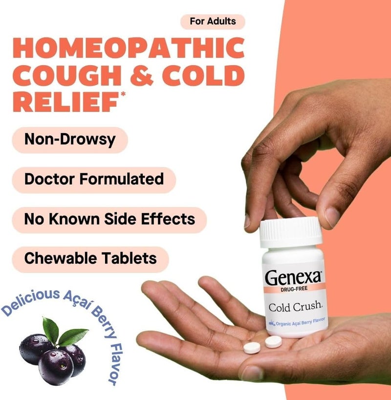 Genexa Cold Crush MultiSymptom Cough Cold Relief for Adults Delicious Organic Acai Berry Flavor Certified Organic NonGMO Homeopathic Remedy Made Clean 180 Chewable Tablets 3 Pack - Image 3