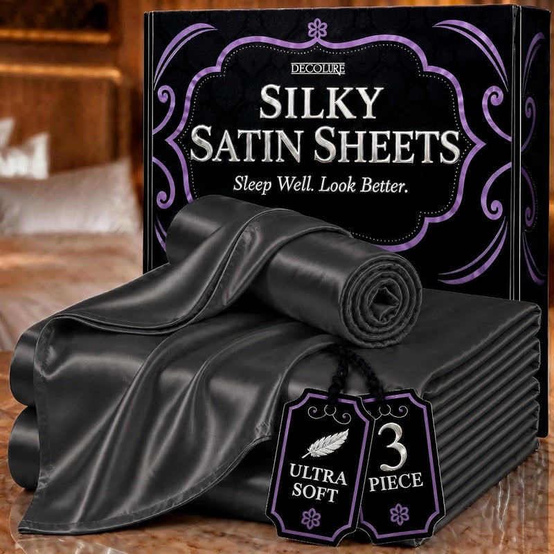 DECOLURE Satin Sheets Twin Size Set 3 Pcs - Silky & Luxuriously Soft Satin Bed Sheets w/ 15inch Deep Pocket - Similar to Silk Sheets - Double Stitching, Wrinkle Free (Stone Grey) - Image 1