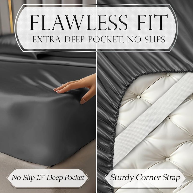 DECOLURE Satin Sheets Twin Size Set 3 Pcs - Silky & Luxuriously Soft Satin Bed Sheets w/ 15inch Deep Pocket - Similar to Silk Sheets - Double Stitching, Wrinkle Free (Stone Grey) - Image 5