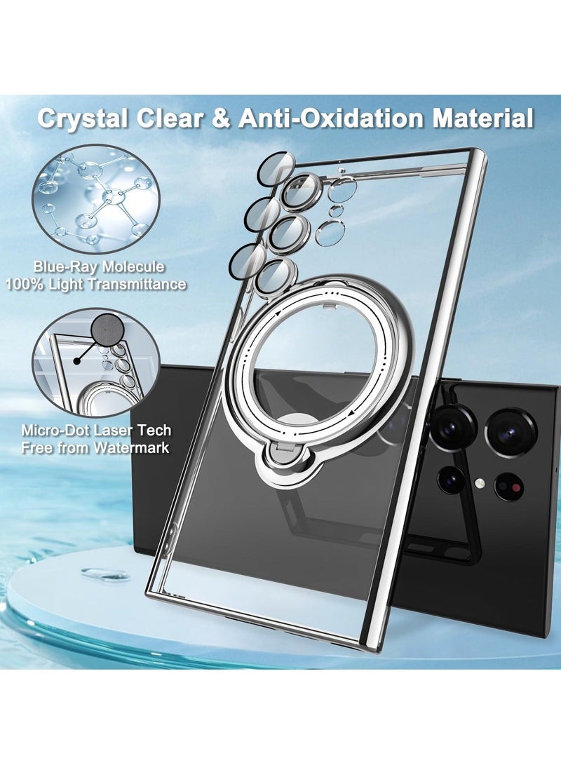 Captaintech Clear Case for Samsung Galaxy S23 Ultra with Magnetic Stand 【Compatible with MagSafe】 【360° Rotatable Ring】 Plating TPU Shockproof Protective Galaxy S23 Ultra Phone Case - Silver - Image 2