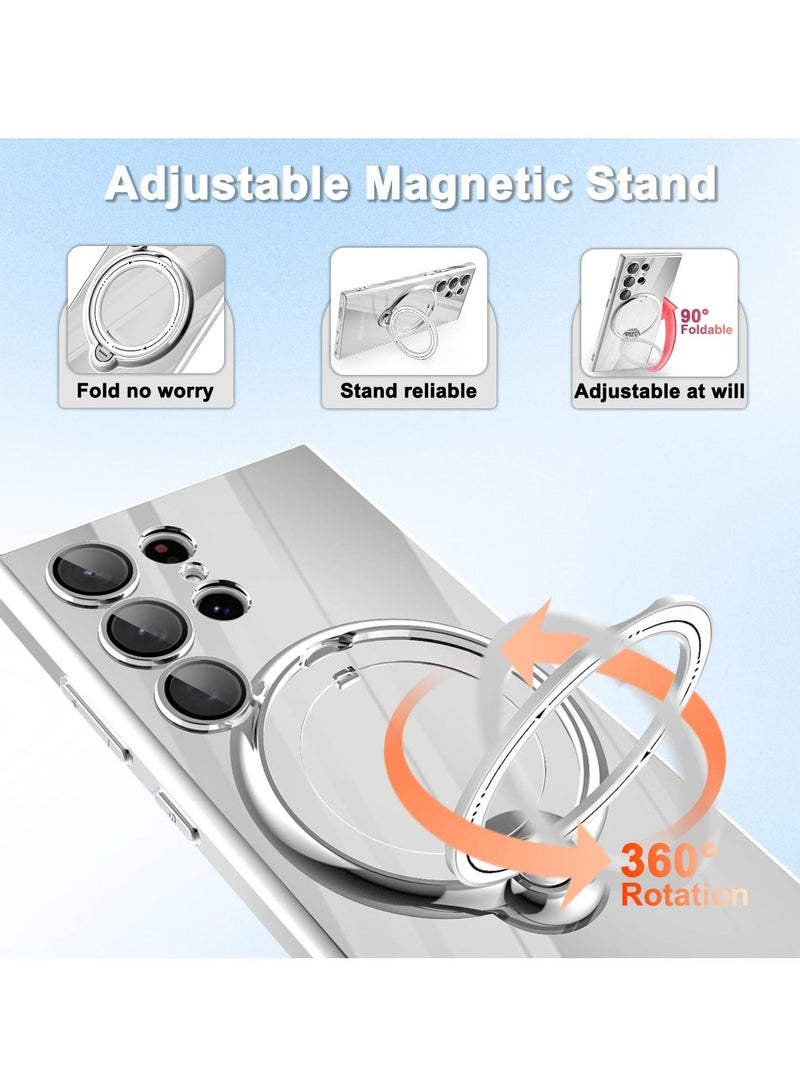 Captaintech Clear Case for Samsung Galaxy S23 Ultra with Magnetic Stand 【Compatible with MagSafe】 【360° Rotatable Ring】 Plating TPU Shockproof Protective Galaxy S23 Ultra Phone Case - Silver - Image 4