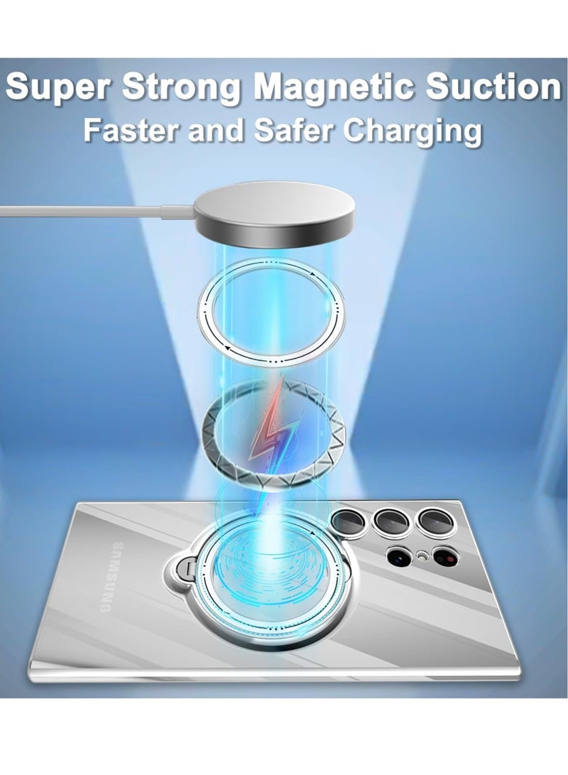 Captaintech Clear Case for Samsung Galaxy S23 Ultra with Magnetic Stand 【Compatible with MagSafe】 【360° Rotatable Ring】 Plating TPU Shockproof Protective Galaxy S23 Ultra Phone Case - Silver - Image 3