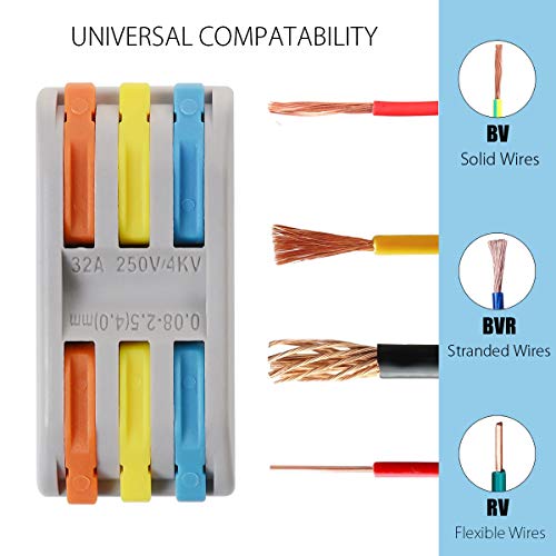 VAMRONE Wire Connectors Nuts, 50Pcs 3 Conductor Compact Splicing Wire Connectors with Colored, 2 and 3 Circuit Inline Splices, 28-12 AWG[ SPL-3] - Image 4