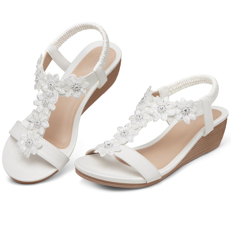 SHIBEVER Wedge Sandals for Women Dressy: White Size 8 Summer Open Toe Dress Sandals - Comfortable Ankle Strap Low Wedges Womens Sandal - Image 1