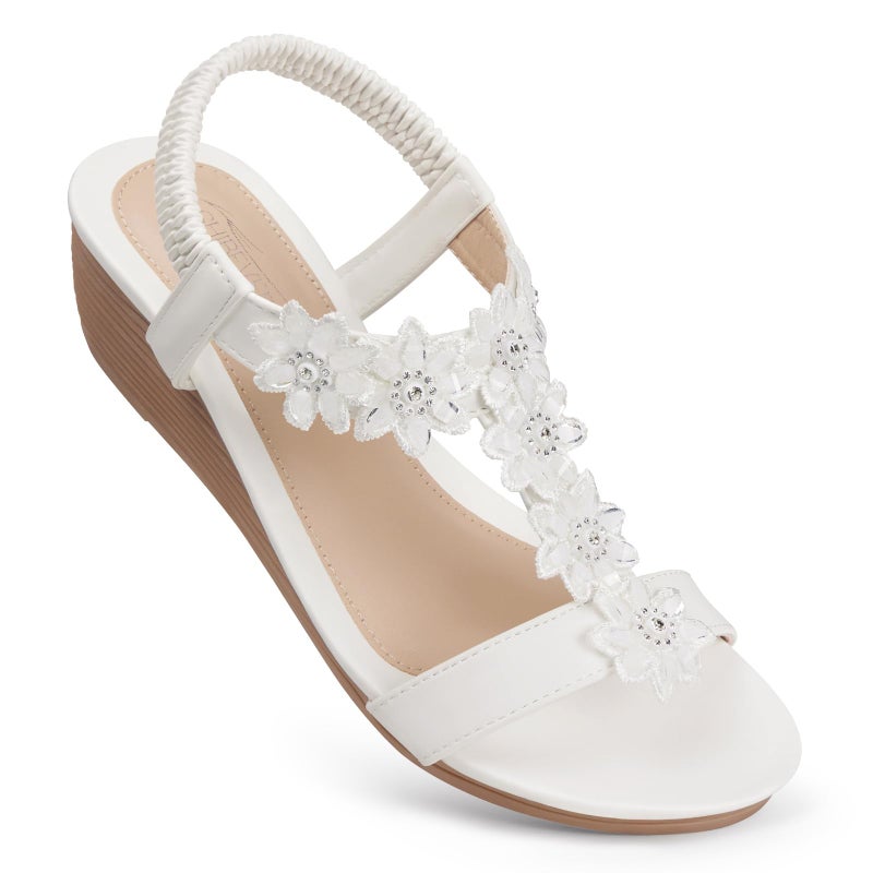 SHIBEVER Wedge Sandals for Women Dressy: White Size 8 Summer Open Toe Dress Sandals - Comfortable Ankle Strap Low Wedges Womens Sandal - Image 4