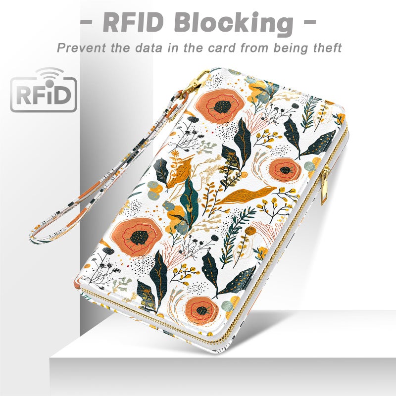 Aiawoxc Womens Wallet, RFID Wristlet Wallets for Women, Cute Ladies Clutch Purses, Large Leather Travel Card Holder with Zipper and Phone Holder, Wildflowers - Image 5